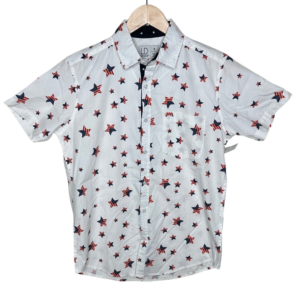 NWT Luke & Dutch NYC Men's Star Print Button Down Short Sleeve size Small White